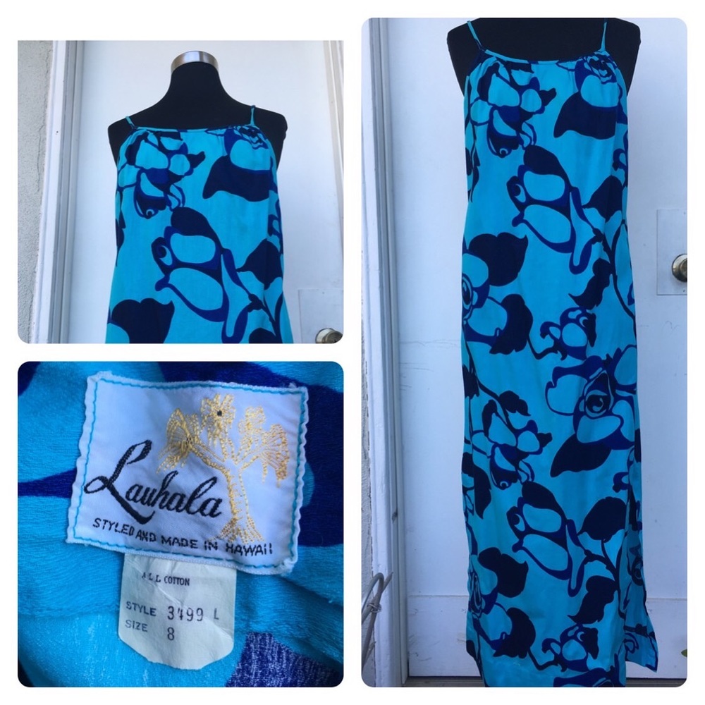 Vintage Hawaiian Blue Floral Cotton Maxi Dress XS